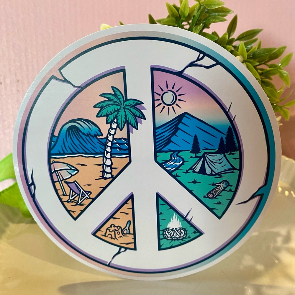 5/$10 large Peace Sign Sticker with Beach and Mountain Design